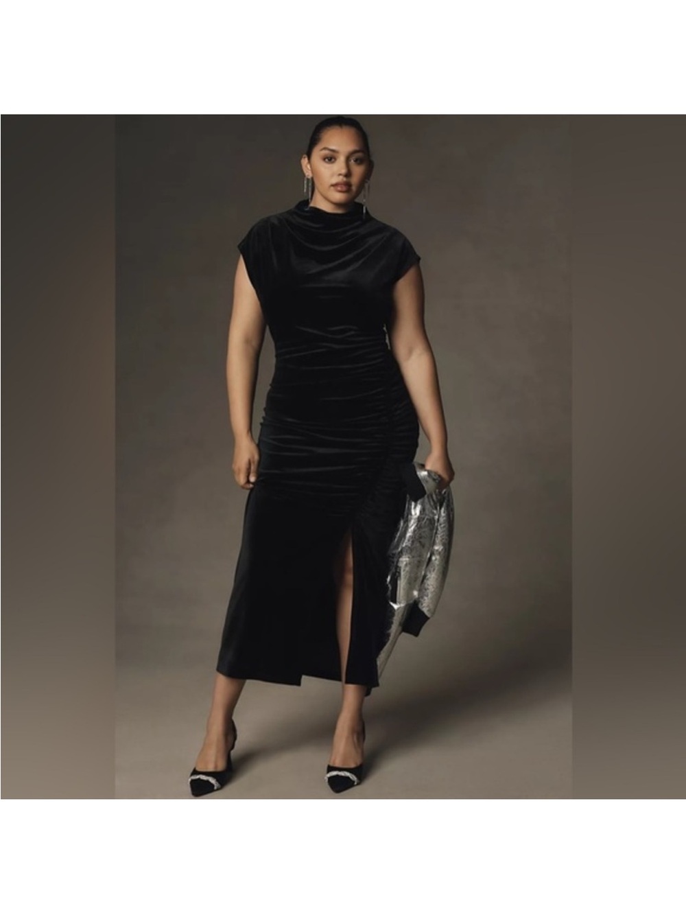 Anthropologie Black Velvet Midi Dress with Front Slit